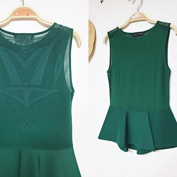 [BUNJANG] ZARA Sheer Back Peplum Spandex Tank Top Green XS / 자라 등전체시스루 페플럼 스판나시 44 그린