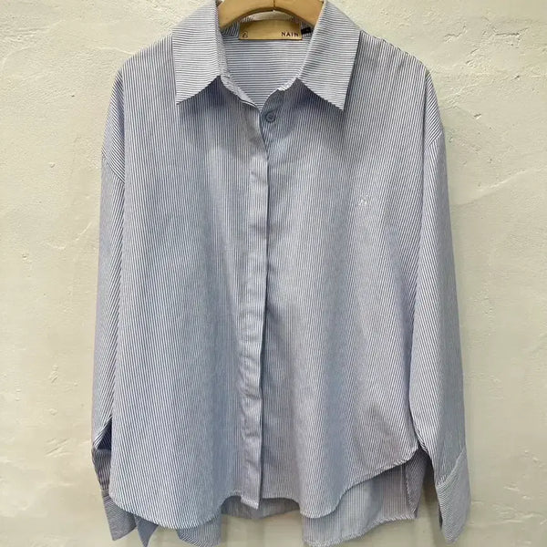 [BUNJANG] NAIN Women's Blue Stripe Loose Fit Long Sleeve Shirt Blouse / 나인 여 셔츠 블루스트라잎/블라우스/루즈핏/긴팔 F