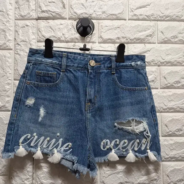 [BUNJANG] Egoist Ripped Denim Shorts with Tassel Detail / 에고이스트 청바지 반바지