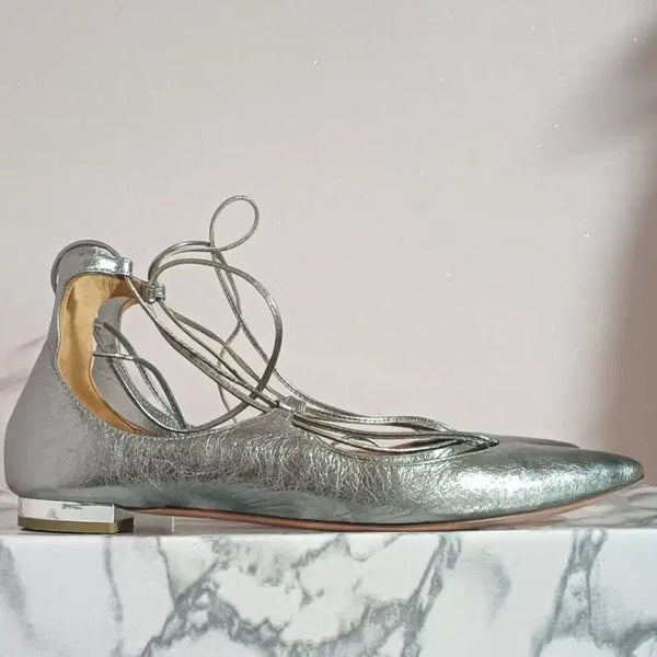 [BUNJANG] Aquazzura Christy Lace-Up Flats Metallic Silver Leather IT 37 / 정품] 아쿠아주라(AQUAZZURA)크랙 실버 레이스업 플랫슈즈37사이즈
