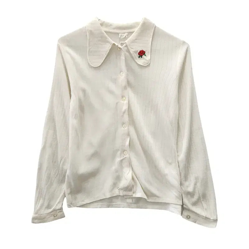 [BUNJANG] Vintage Kitsch Floral Collar Embroidered Cream Shirt Sleeve / 빈티지 키치 플라워 카라 자수 크림 셔츠 슬리브