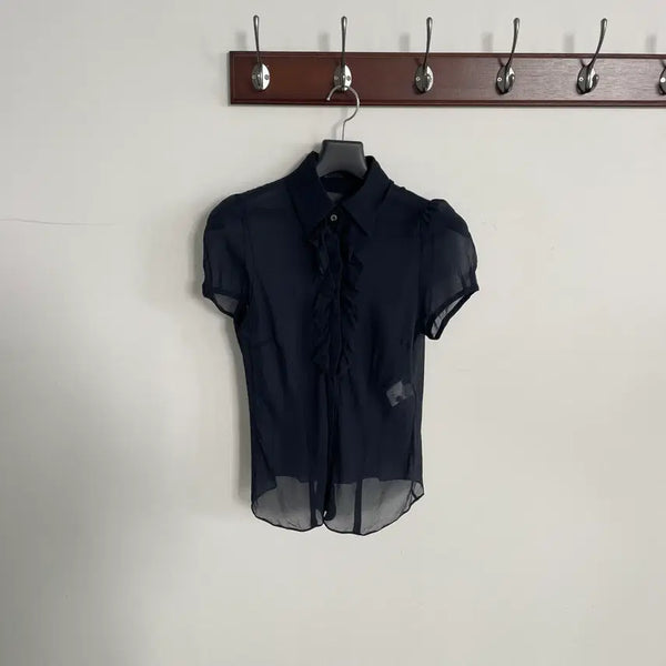 [BUNJANG] Tomorrowland Full Silk Sheer Puff Shirring Blouse / 투모로우랜드 풀 실크 시스루 반팔 퍼프 셔링 블라우스
