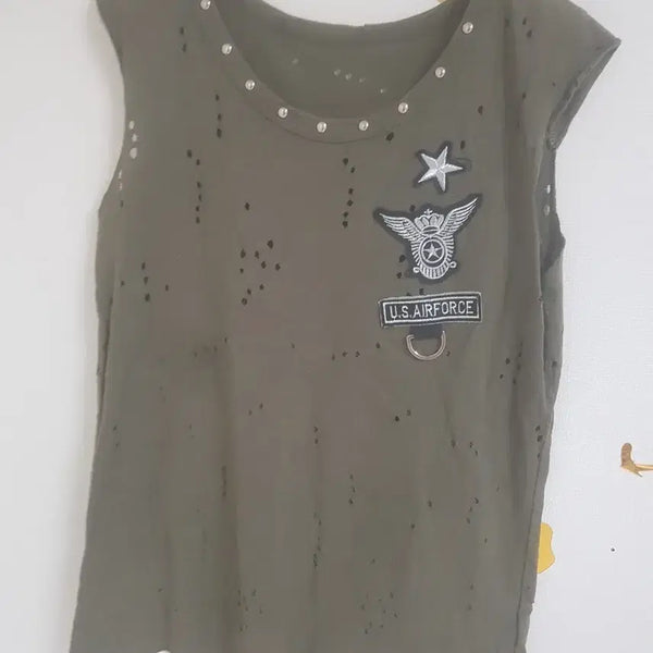 [BUNJANG] U.S. Air Force Patch Distressed Denim Tank Top / 카키색 U.S.AIRFORCE 패치 찢청 나시(55)