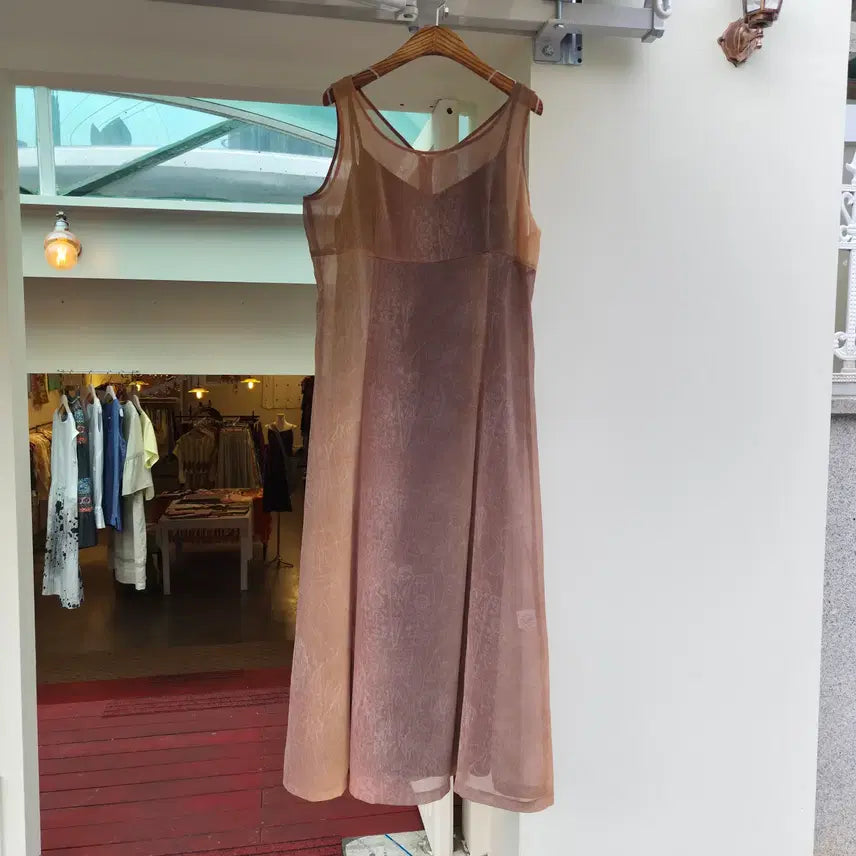 [BUNJANG] Brown See-Through Layered Dress + Inner Slip Set / 일본 브라운 시스루 레이어드 원피스+이너 슬립 세트