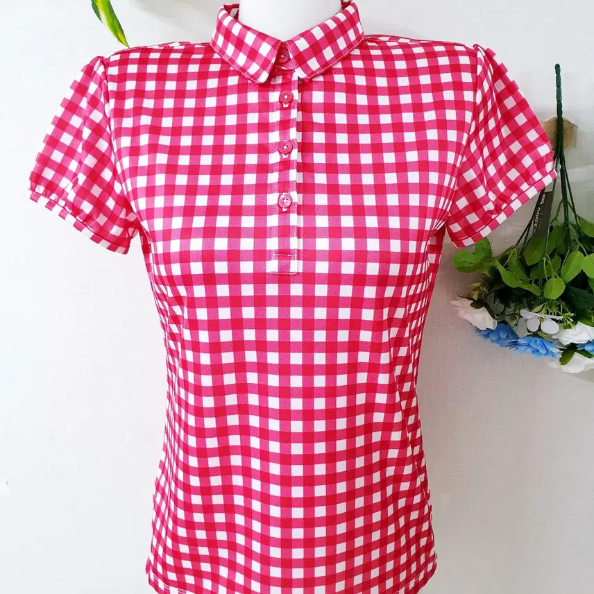 [BUNJANG] Puma Women's Golf Cherry Gingham Check Short Sleeve Polo Shirt Pink / 퓨마 여성골프 체리깅엄체크 흡습속건 카라티 90 핑크
