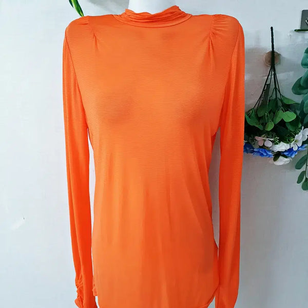 [BUNJANG] RACE Women's Golf Cooling T-Shirt Orange Stripe Shoulder Shirring / RACE 여성골프 어깨셔링 냉감티셔츠 주름넥 95 오렌지줄무늬