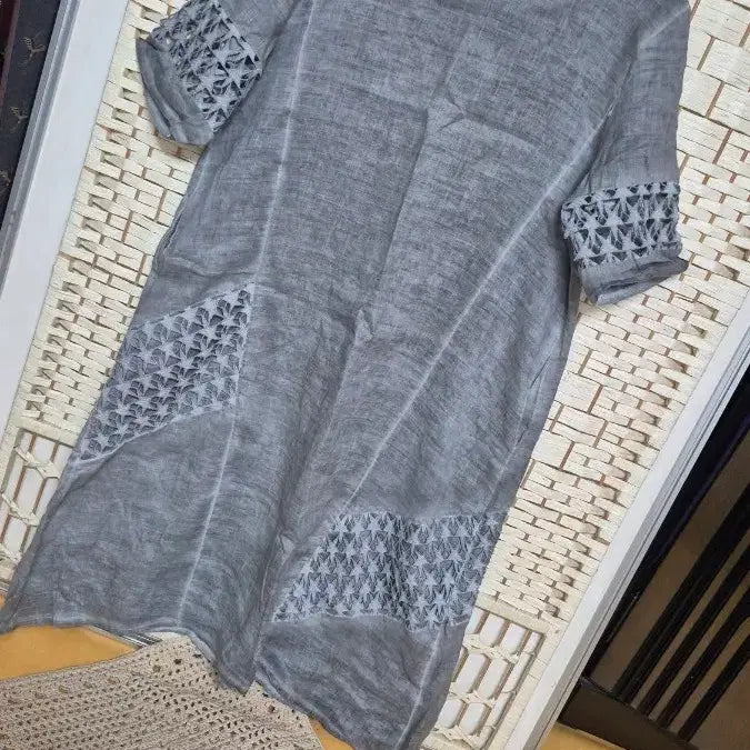 [BUNJANG] 100% Linen Dress Natural Dye Pattern / 미사용!!린넨100%원피스77~날씬88