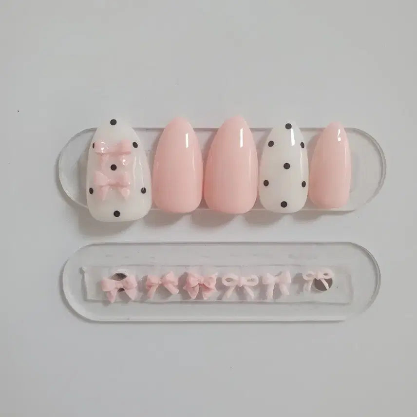 [BUNJANG] Pink Dot Ribbon Nail Tips / 핑크 도트 리본 네일 팁