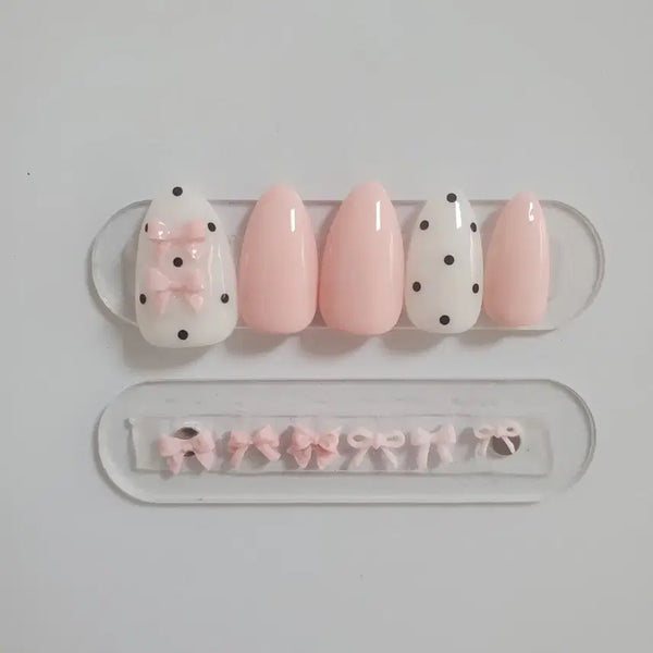 [BUNJANG] Pink Dot Ribbon Nail Tips / 핑크 도트 리본 네일 팁