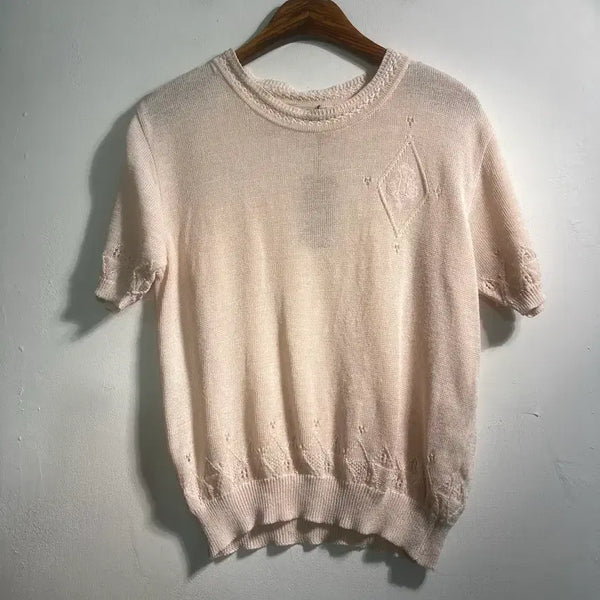 [BUNJANG] Japanese Vintage Linen Baby Pink Punching Short Sleeve Top / Japanese vintage 린넨 베이비핑크 펀칭 반팔 C591