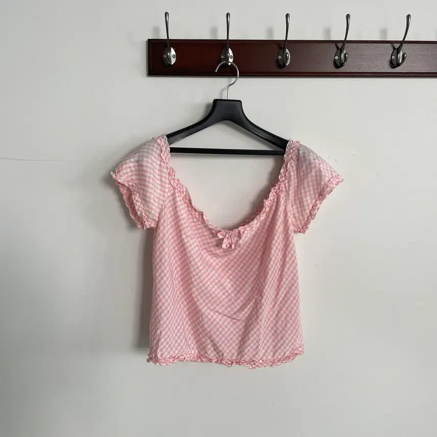 [BUNJANG] Moschino Full Silk Pink Gingham Check Shirring Top Blouse / 모스키노 풀 실크 핑크 깅엄 체크 셔링 탑 블라우스