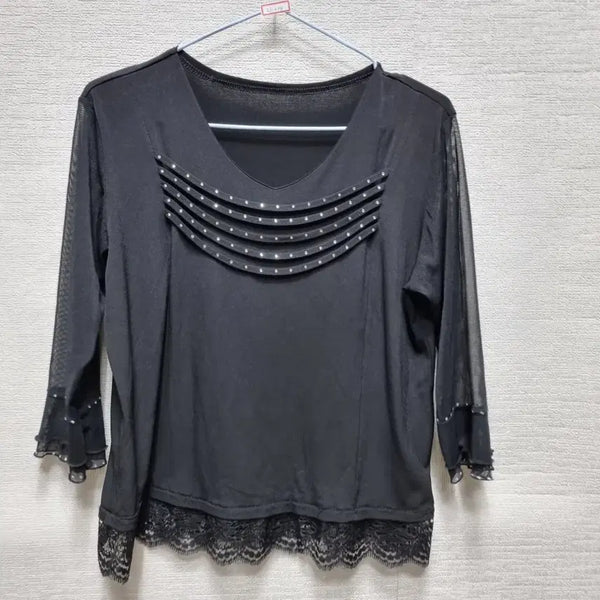 [BUNJANG] Women's Black V-Neck Lace Cubic Blouse / 자099 블라우스