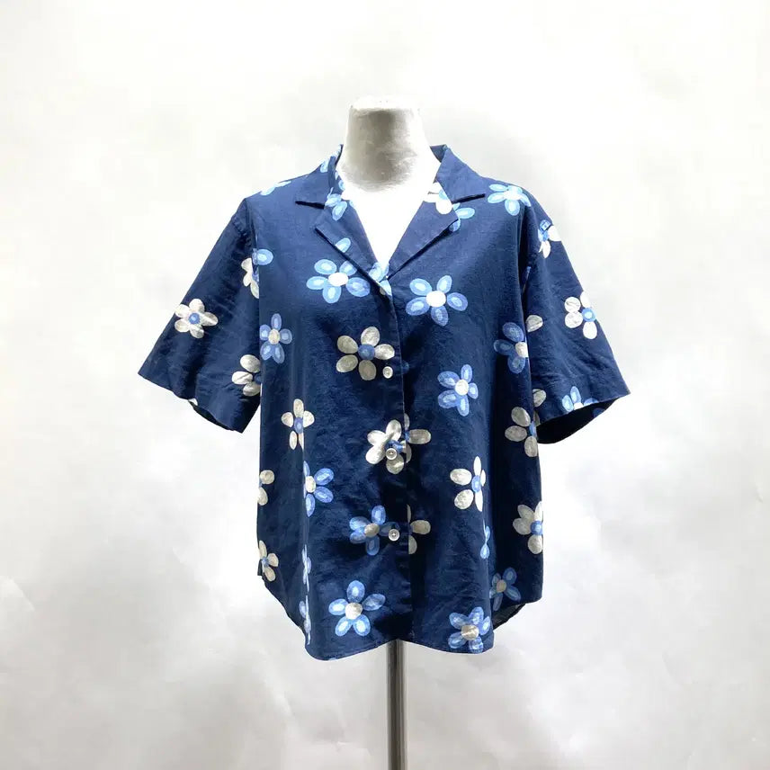 [BUNJANG] Uniqlo Marimekko Linen Short Sleeve Open Collar Shirt - Navy Floral (M) / 유니클로 마리메꼬 린넨 셔츠 M 영구제 중고장터