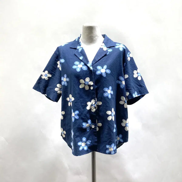 [BUNJANG] Uniqlo Marimekko Linen Short Sleeve Open Collar Shirt - Navy Floral (M) / 유니클로 마리메꼬 린넨 셔츠 M 영구제 중고장터