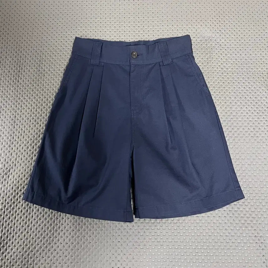 [BUNJANG] Perstep Wide Two-Tuck Cotton Half Pants Navy M / 퍼스텝 와이드 투턱 코튼 하프팬츠 네이비 M