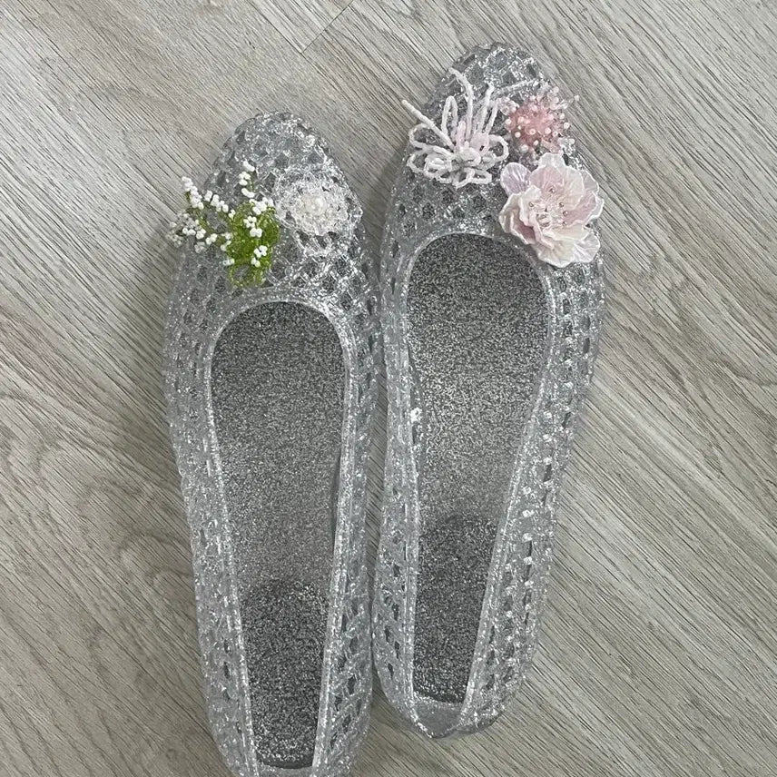 [BUNJANG] Silver Glitter Jelly Flats Shoes Size 240/38 / 실버 젤리슈즈 240/38
