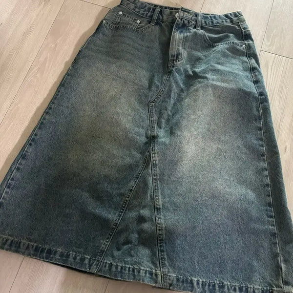 [BUNJANG] Vintage Washed Denim Long Skirt / 청청 데님 스커트 워싱 빈티지