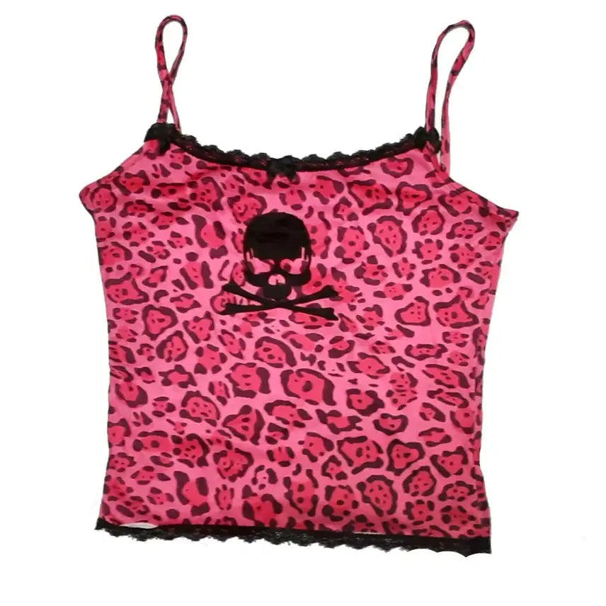 [BUNJANG] Hot Pink Punk Gyaru Leopard Lace Tank Top / 핫핑크 펑크 갸루 레오파드 레이스 나시