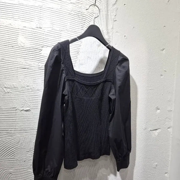 [BUNJANG] DEWL Square Neck Black Long Sleeve Blouse / 듀엘 스퀘어넥 블랙 긴팔 블라우스