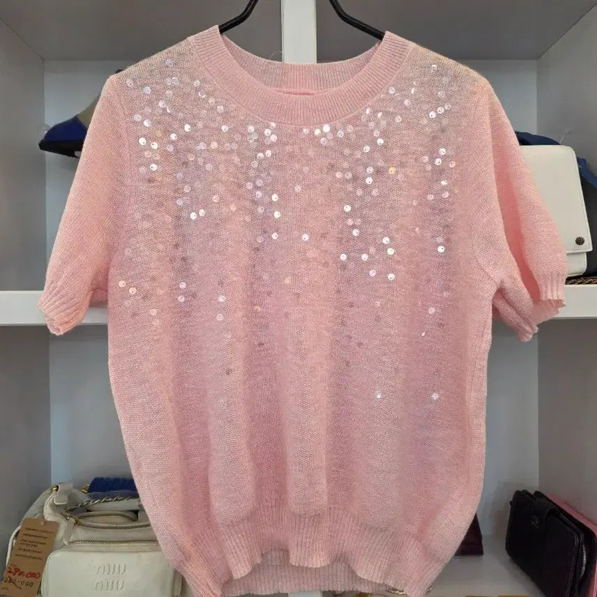 [BUNJANG] Glitter Embroidery Tencel Knit Sweater (Light Pink/White) / 미친세일 글리터자수 텐셀니트