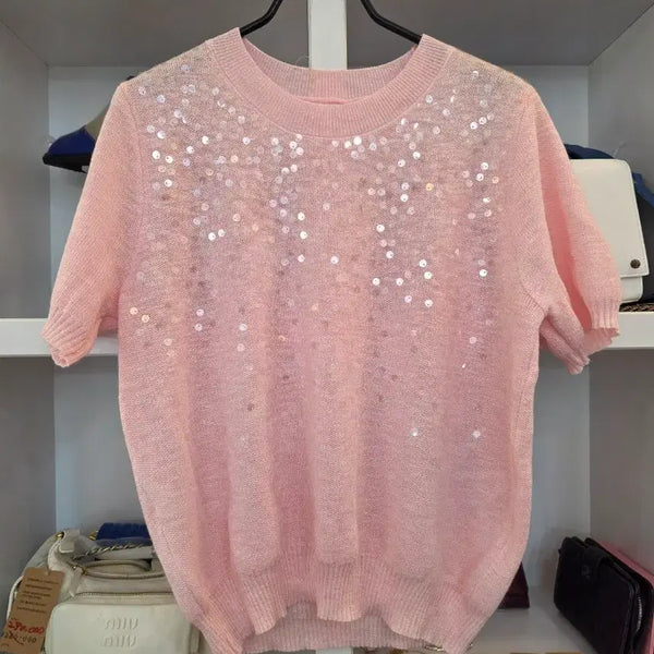 [BUNJANG] Glitter Embroidery Tencel Knit Sweater (Light Pink/White) / 미친세일 글리터자수 텐셀니트