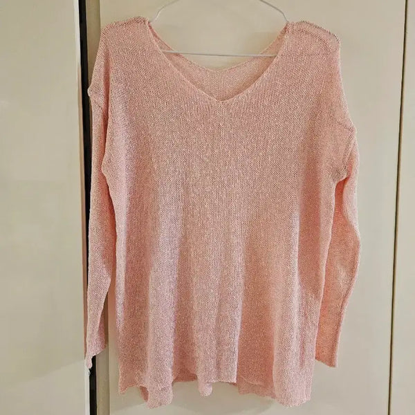 [BUNJANG] Pink V-Neck Knit Sweater (Lightweight, Loose Fit) / 여름 간절기 핑크색 니트 스웨터
