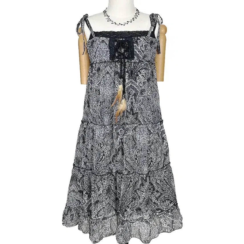 [BUNJANG] Vintage Paisley Chiffon Feather Tie Long Dress Black / 일본빈티지 페이즐리쉬폰레이업깃털끈리본끈롱원피스블랙모리걸갸루y2k히피에스닉