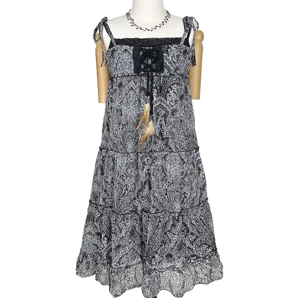 [BUNJANG] Vintage Paisley Chiffon Feather Tie Long Dress Black / 일본빈티지 페이즐리쉬폰레이업깃털끈리본끈롱원피스블랙모리걸갸루y2k히피에스닉