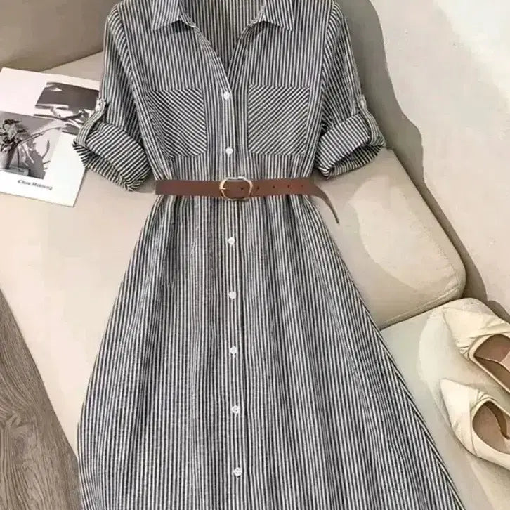 [BUNJANG] Chic Striped Shirt Dress with Belt Set / 세련된  셔츠 원피스+벨트세트.새상품