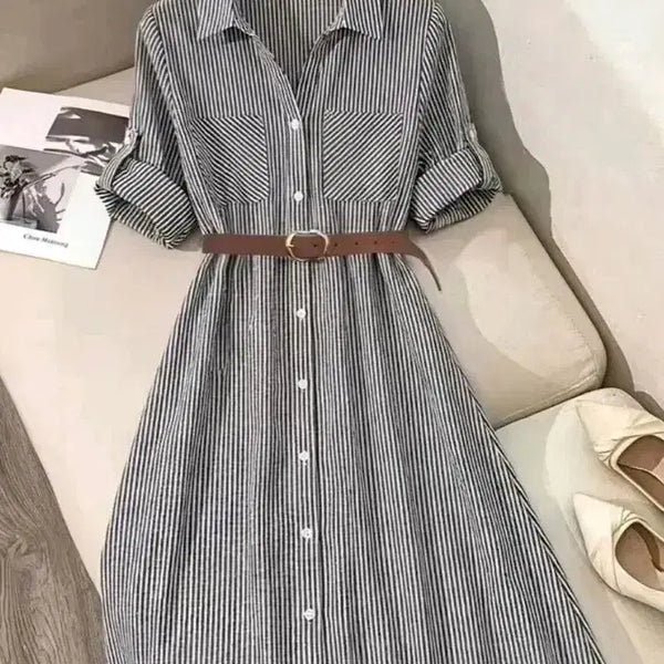 [BUNJANG] Chic Striped Shirt Dress with Belt Set / 세련된  셔츠 원피스+벨트세트.새상품