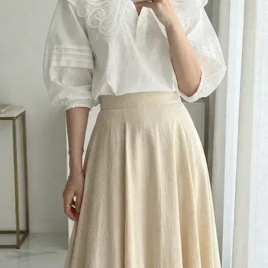 [BUNJANG] The AtG Lace Big Collar Summer Short Sleeve Blouse / 더엣지(AtG) 레이스 빅카라 여름 반팔 블라우스