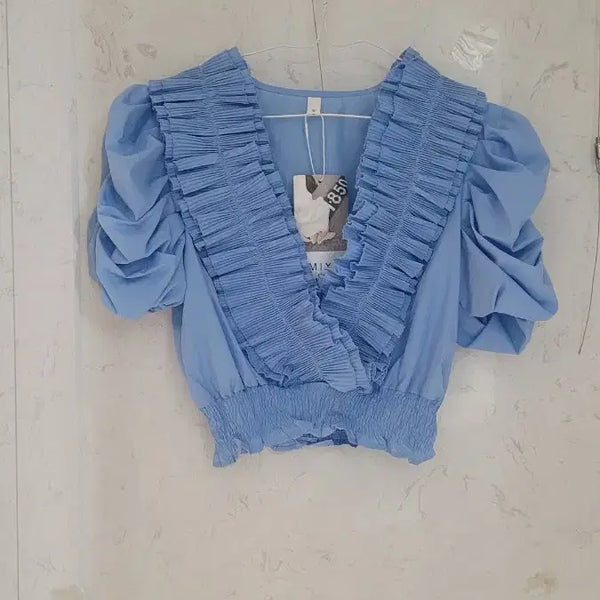 [BUNJANG] Frill Puff Sleeve Blouse - Blue / [새상품]프릴 왕퍼프 블라우스 블루