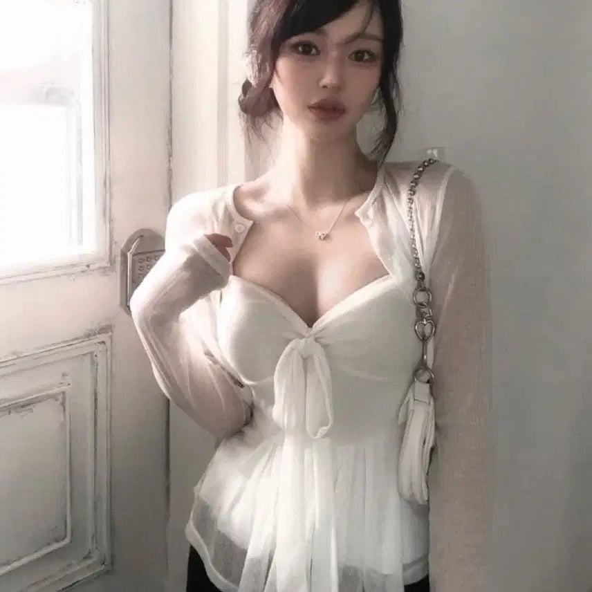 [BUNJANG] Sheer Cardigan Ribbon Bustier Set / 시스루 가디건 리본 뷔스티에 세트