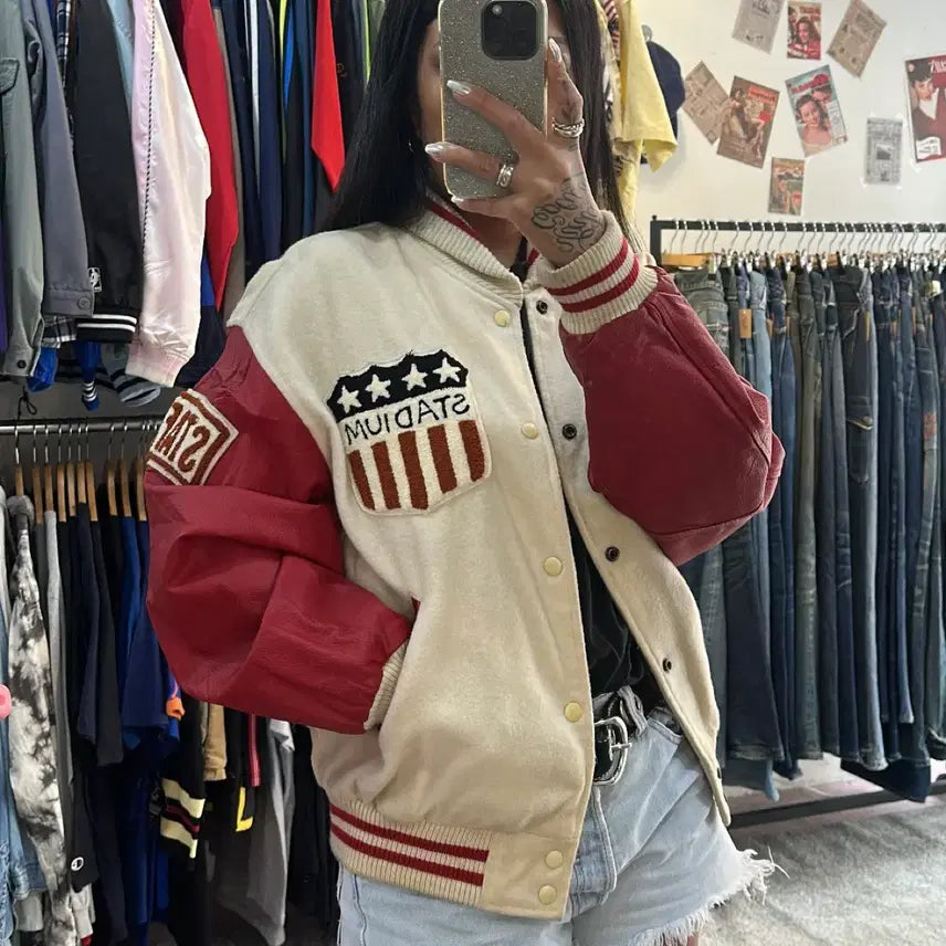 [BUNJANG] Vintage 90s Patch Leather Wool Varsity Jacket L / VTG 90s 소가죽 패치 울 바시티 자켓L