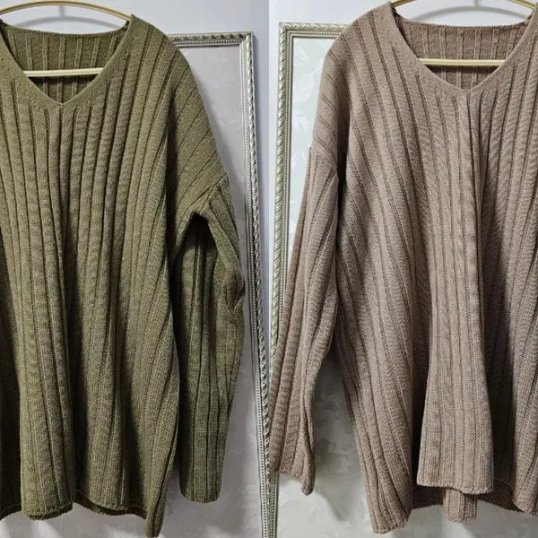 [BUNJANG] V-Neck Ribbed Knit Sweater 2-Piece Set (Khaki, Beige) - Plus Size / 미착용 골지 루즈핏 니트 2종 빅사이즈