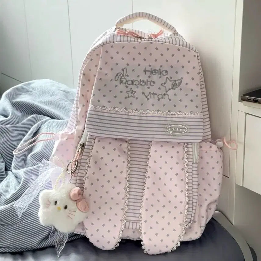 [BUNJANG] Bunny Ear Lace Star Stripe Backpack / 서브컬처 토끼귀 레이스 별무늬 스트라이프 귀여운 학생 백팩(5컬러)