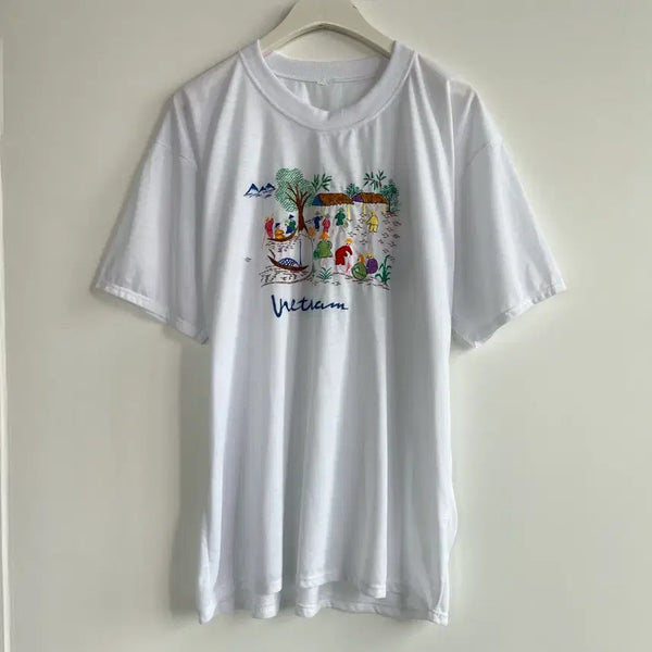 [BUNJANG] White Vietnam Embroidery Short Sleeve T-Shirt / 화이트 베트남 자수 반팔 티셔츠