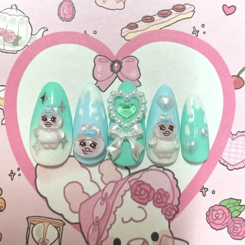 [BUNJANG] Ppunyi Rabbit Handmade Nail Tips - Mint & Sky Blue / (빠른배송)오빤쮸 빤쮸토끼 수제네일팁 민트 하늘색 여름 휴가 하이틴 공주