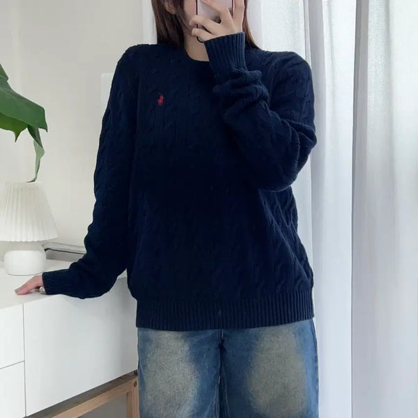 [BUNJANG] Polo Ralph Lauren Navy Red Pony Cable Knit Sweater L / 폴로 네이비 / 레드포니 꽈배기 니트 [ L ]