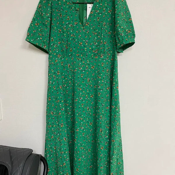 [BUNJANG] Focus Green Floral Short Sleeve Long Dress / 포커스그린 플로럴 반팔 롱원피스 55~마른66