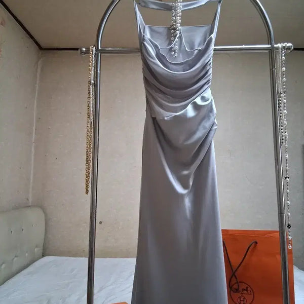 [BUNJANG] Silver Halterneck Shirring Long Maxi Dress / 실버 홀터넥 셔링 롱맥시 드레스