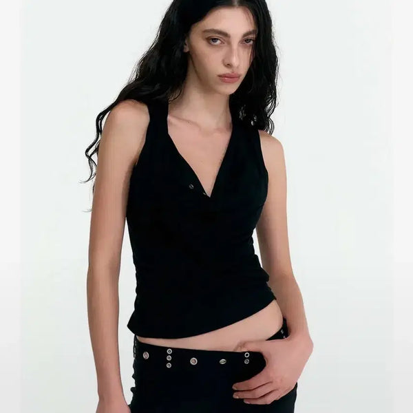 [BUNJANG] 2000 Archives Draped Henley Tank Top Black / 2000아카이브스 드레이프 헨리 탱크 탑