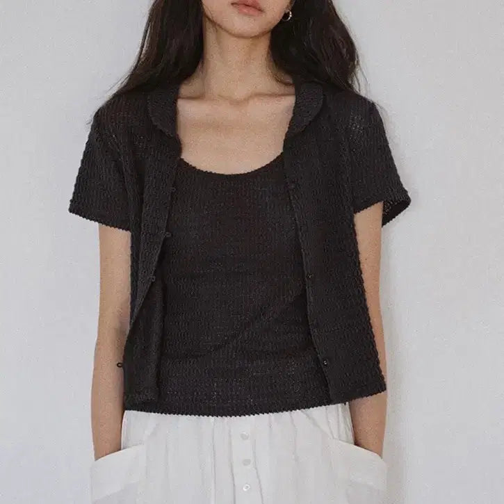 [BUNJANG] Ged Crochet Cardigan Set Charcoal S / 게드 크로셰 가디건 세트 차콜 S