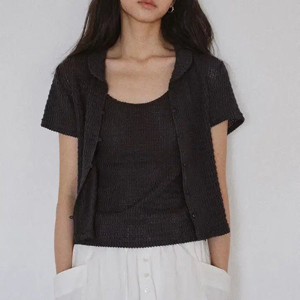 [BUNJANG] Ged Crochet Cardigan Set Charcoal S / 게드 크로셰 가디건 세트 차콜 S