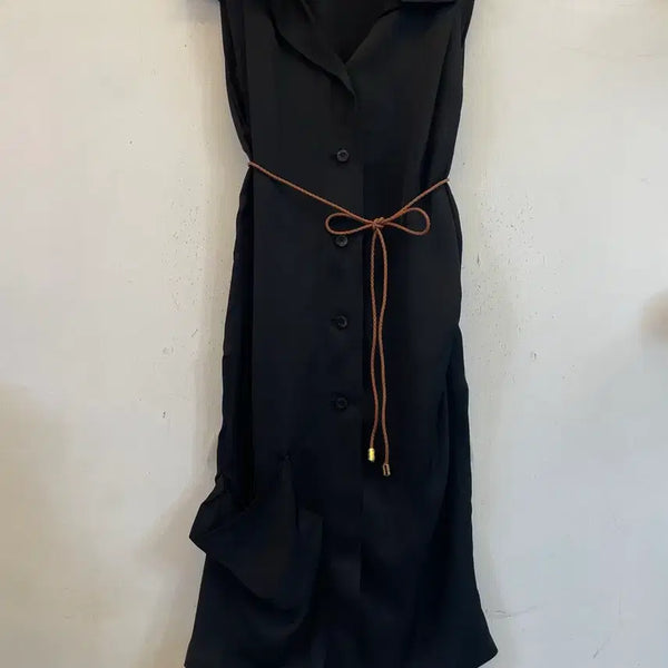 [BUNJANG] MINE Black Rayon Sleeveless Shirt Long Dress / 한섬 MINE 마인 블랙 레이온인견 슬리브리스민소매 셔츠롱원피스55:)