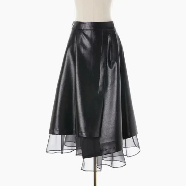 [BUNJANG] Egoist 23 Leather See-through Layered Flare Eco Chiffon Long Skirt / 에고이스트 23년 레더 시스루 레이어드 스커트 플레어 에코 샤 롱치마 고스룩