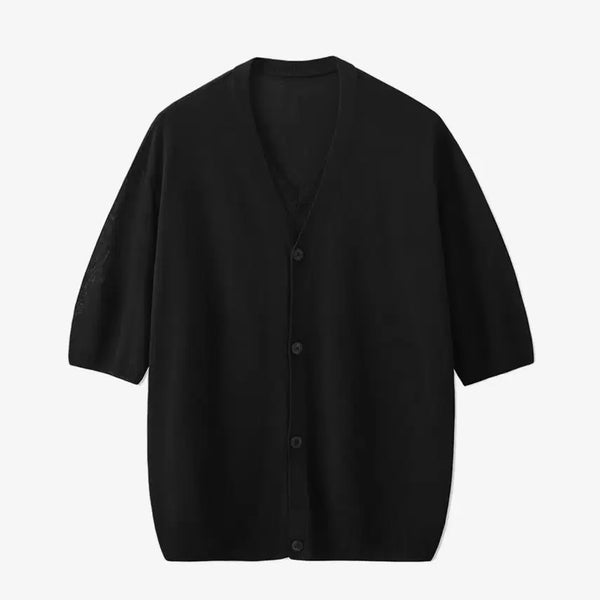[BUNJANG] Noirer Linen Layered Pullover Half Cardigan Knit (Black) / [ 노이어 / 48 ] 린넨 레이어드 풀오버 하프 가디건 니트 (블랙)