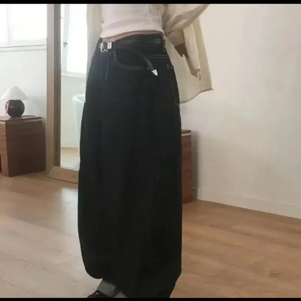 [BUNJANG] WonderWonder Non-Fade Wide Raw Denim Jeans - Black / 에이블리 원더원더 코즐 논페이드 와이드 생지데님 청바지 팬츠 벌룬핏 블랙