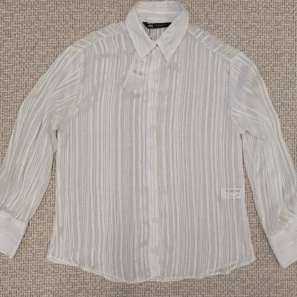 [BUNJANG] Zara White Stripe See-through Shirt - Size S / 자라 화이트 스트라이프 시스루 셔츠 S (새상품)