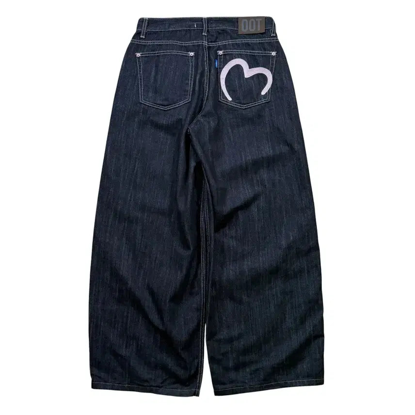 [BUNJANG] OOT None Fade Pink Heart Stitch Wide Denim Pants / 오오티 논페이드 핑크 하트 스티치 와이드 데님 팬츠